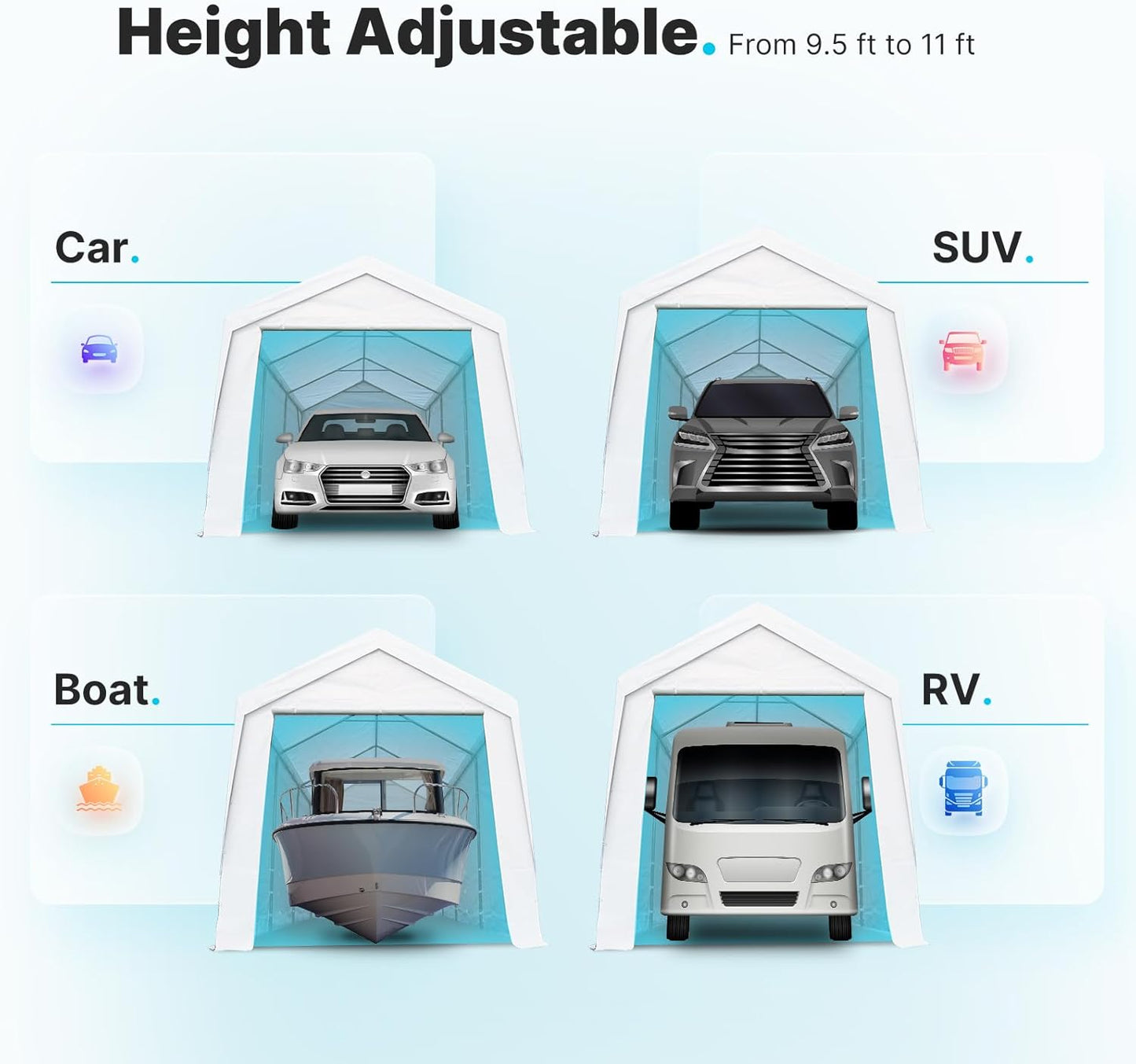 12X20 Ft Canopy Garage Heavy Duty Carport Car Boat Shelter Party Tent, Adjustable Peak Height from 9.5Ft to 11Ft, with Removable Sidewalls and Doors, White