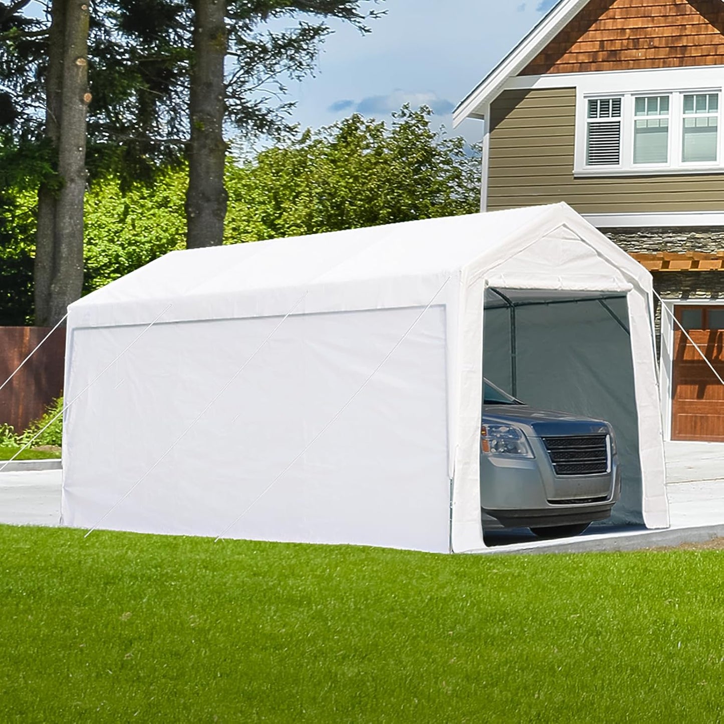 12X20 Ft Canopy Garage Heavy Duty Carport Car Boat Shelter Party Tent, Adjustable Peak Height from 9.5Ft to 11Ft, with Removable Sidewalls and Doors, White