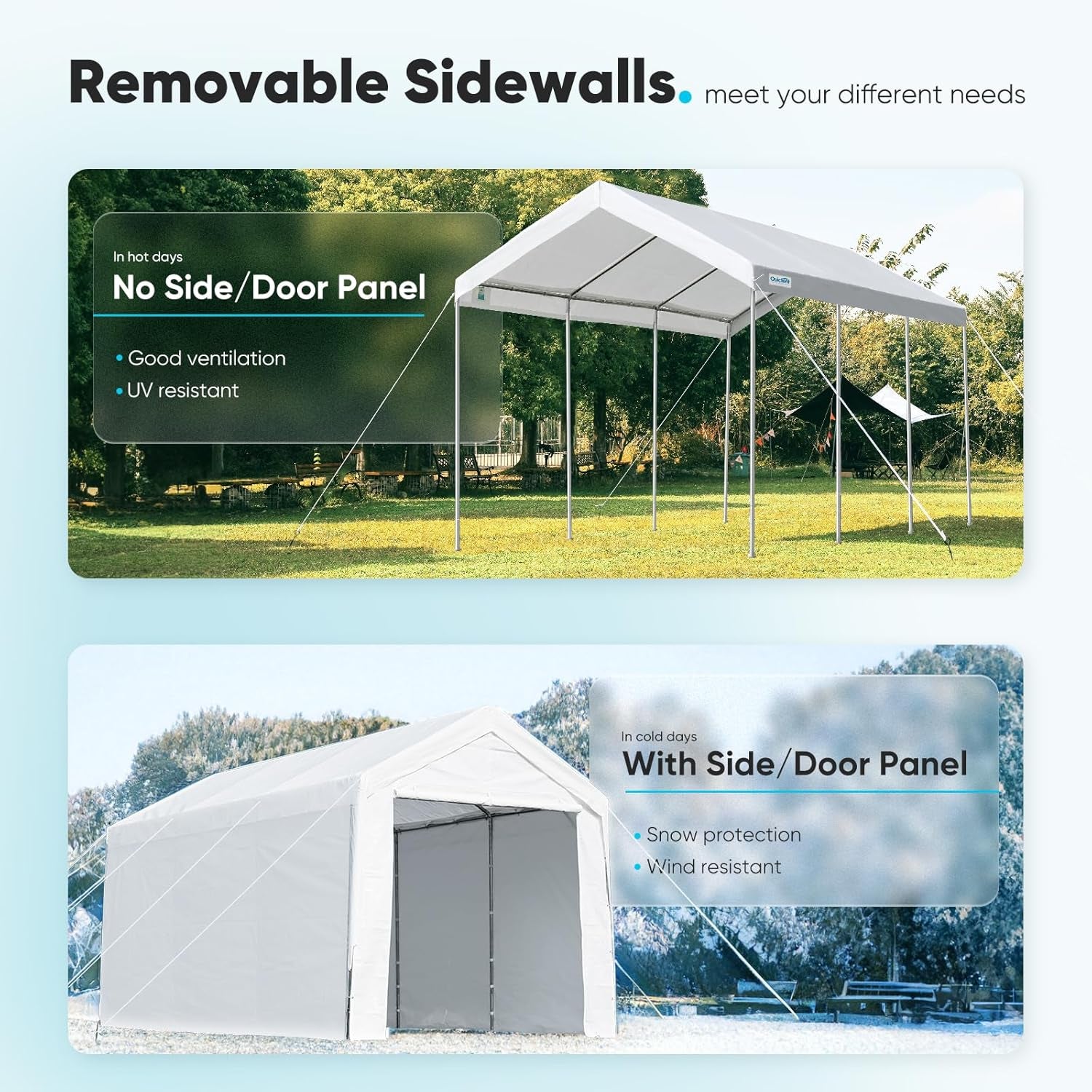 12X20 Ft Canopy Garage Heavy Duty Carport Car Boat Shelter Party Tent, Adjustable Peak Height from 9.5Ft to 11Ft, with Removable Sidewalls and Doors, White